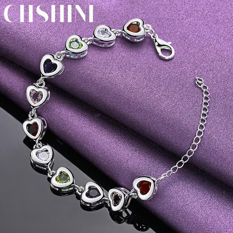 CHSHINE 925 Sterling Silver Heart Color Crystal Chain Bracelet For Women Wedding Fashion Jewelry