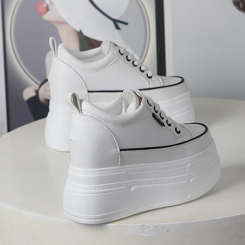 Fashion 12CM Cow Genuine Leather Women Skate Boarding High Brand Chunky Sneaker Casual Vulcanized Shoes Platform Wedge Stable Shoes