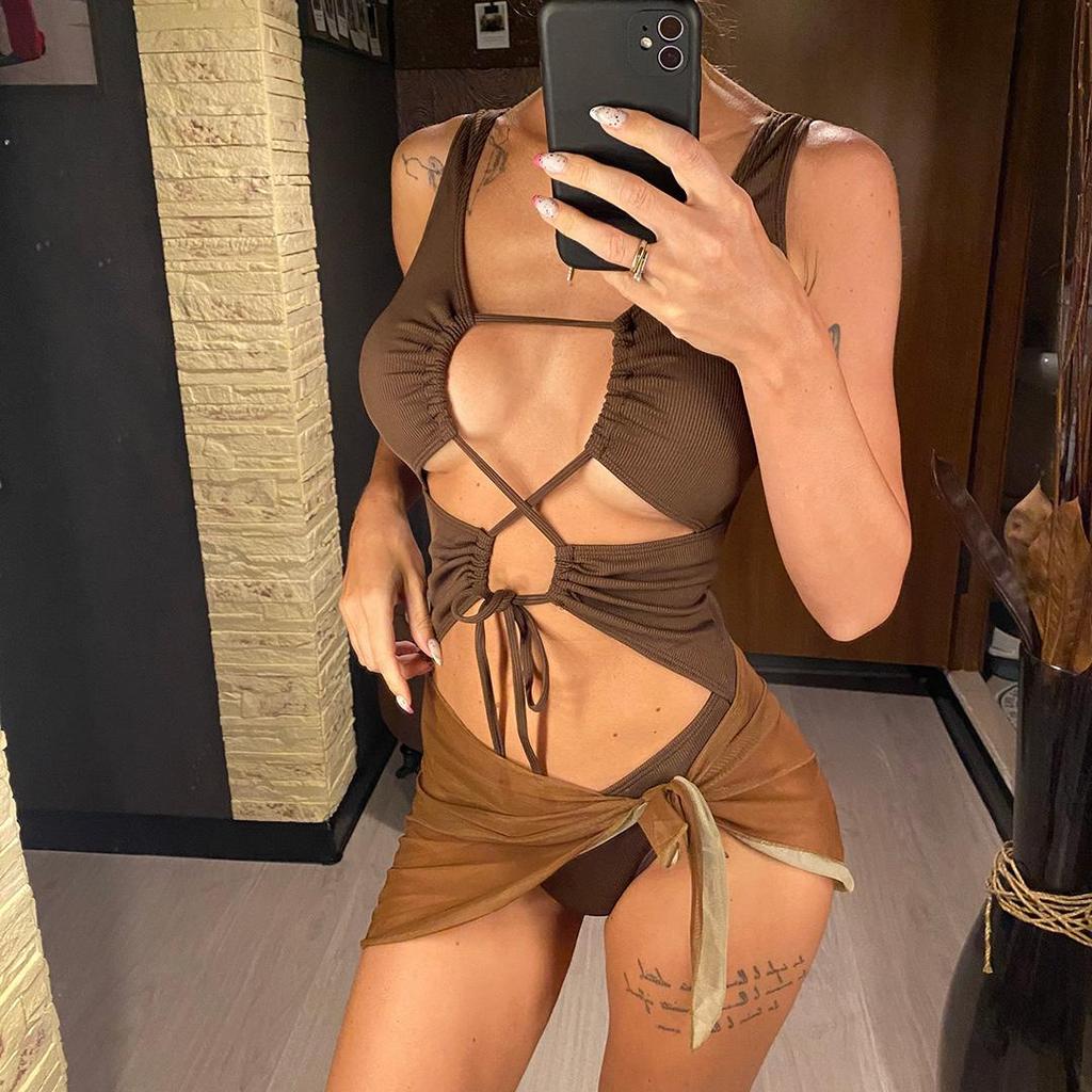 Sexy Mit Sarong Spitze Up Cut Out Gerippte Frauen Bademode Einteiligen Badeanzug Weibliche Gepolsterte Badende Badeanzug Schwimmen