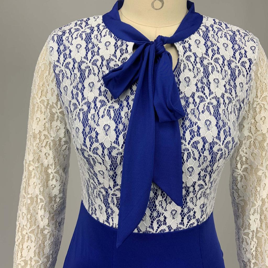 Plus Size Women's Lace Long Sleeve Bodycon Dress Elegant High Waist Patchwork Midi Office Dress