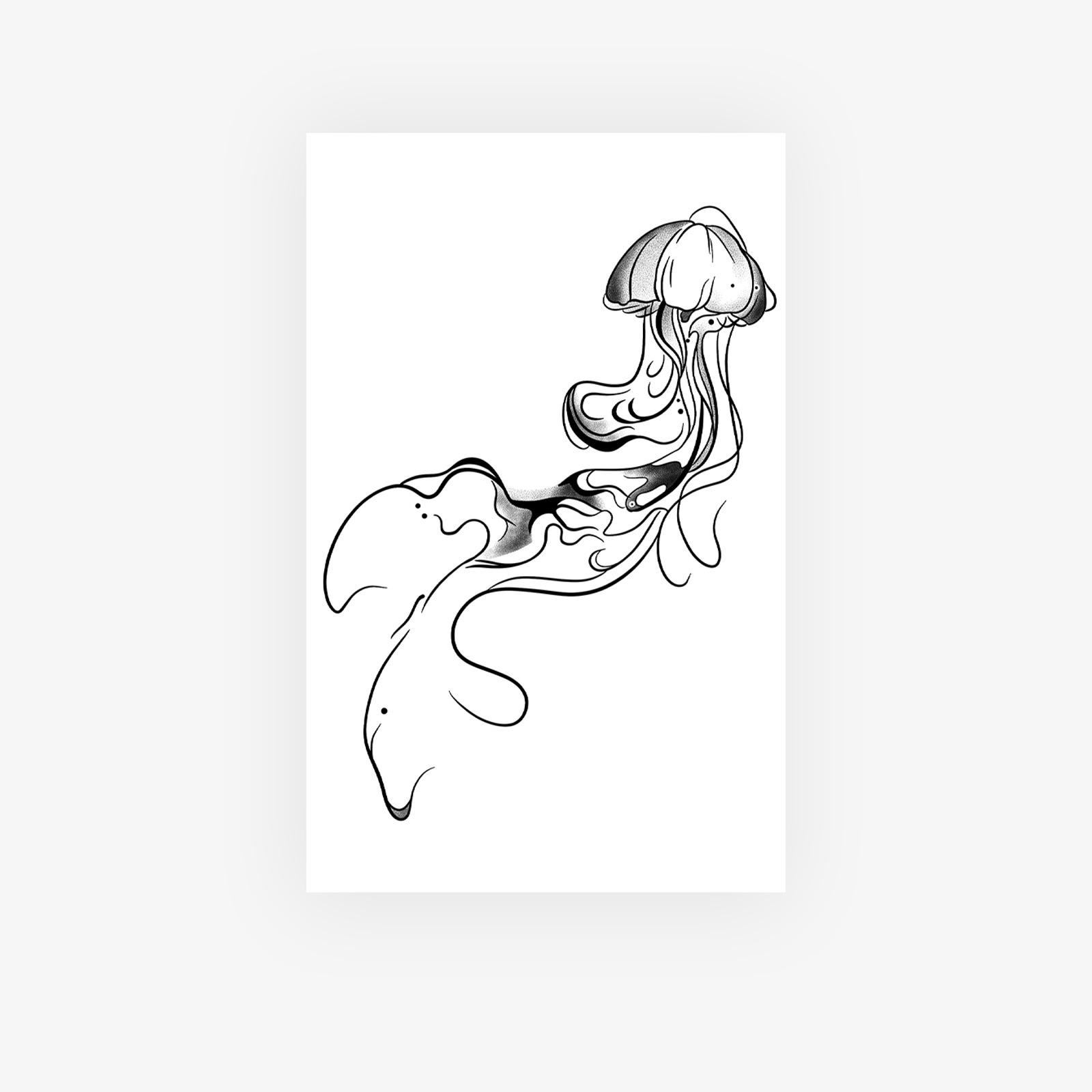 Premium Sense, Simple Personality, Small Fresh Ink Jellyfish Arm Tattoo Sticker 12*19