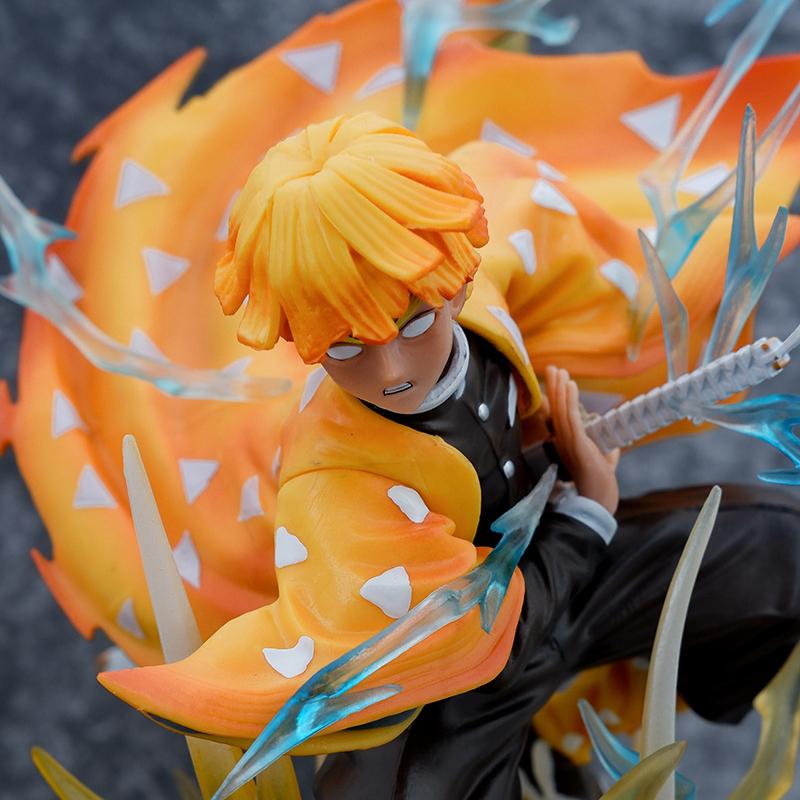 Auf Lager Demon Slayer 35cm Agatsuma Zenitsu Donnerblitz-Hieb Doppelkopf-Schnitzerei Leuchtende Animationsfigur Überraschungsgeschenk