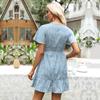 Summer Short-sleeved Floral Dress Blue V-neck Pleated Loose Dress