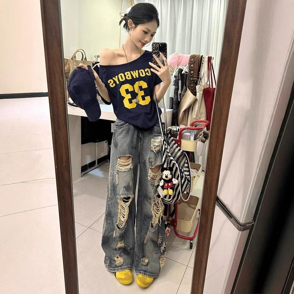 Scrap Earth Wind Splash Ink Broken Hole Jeans Female Autumn Big Yards Drape Straight Trailing Pants Retro Street Style Baggy Long Jeans for Ladies