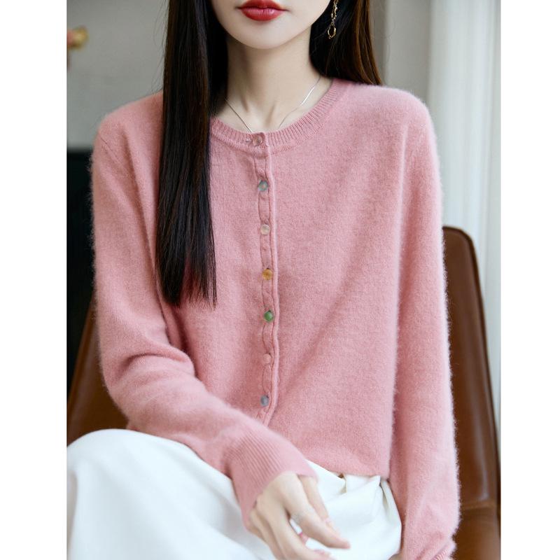 Women's Luxury Pure Wool Cardigan - Thick, Round Neck, Crystal Buttons, Autumn/Winter Style
