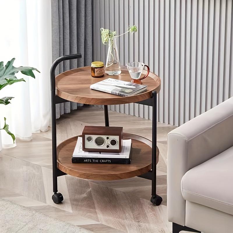 Multifunctional Double-Layer Coffee Table with Wheels, Hardwood Side Table and Rolling Storage, Ideal - Brown, Retro Style
