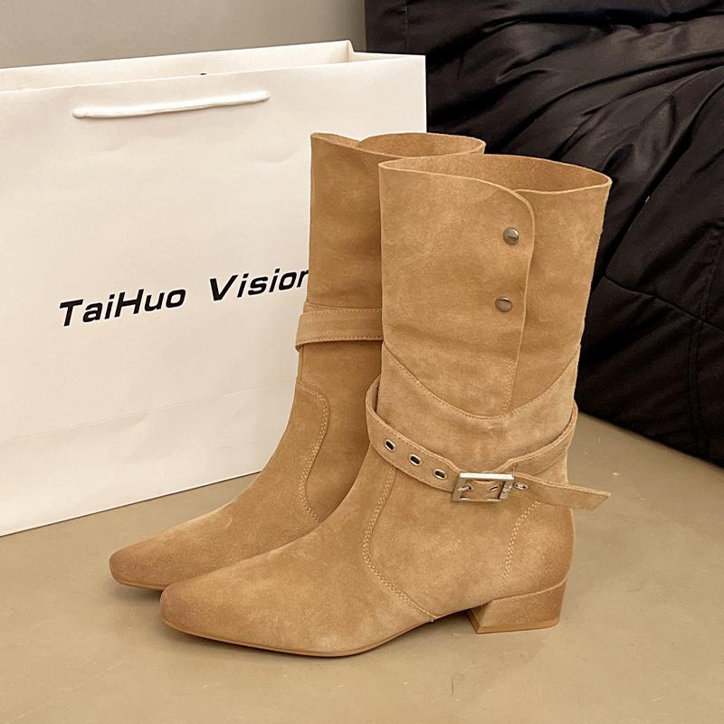 Fashion Mid Calf High Heels Women Boots Suede Shoes Chelsea Boots Winter 2025 Designer New Square Toe Shoes Fashion Pumps Mujer Botas