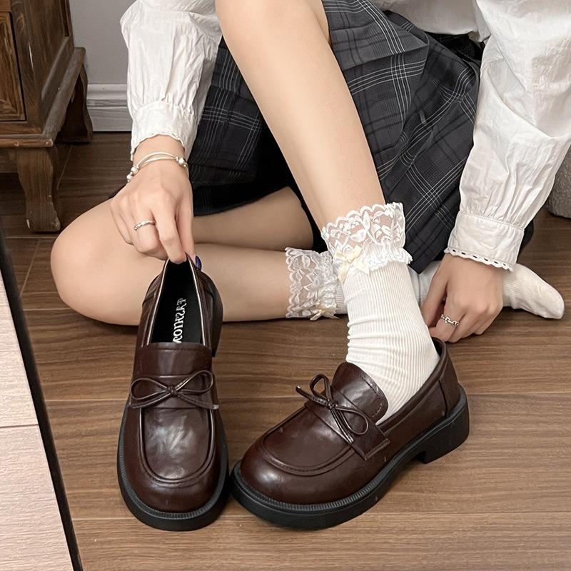 British small leather shoes autumn women's new women's platform tide with bow, shallow mouth one pedal single shoes