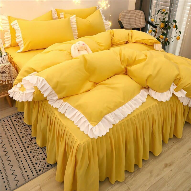 Net Red Korean Princess Style Bettrock Vierteiliger Bettbezug mit Herzspitze für Mädchen Studentenwohnheimbettwäsche