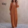 Bohemian Inspired Dress Ruffle V-Neck Long Dress, 3/4 Sleeves Maxi for Comfortable Women Dresses Women, Solid Color Casual Loose Spring Fall