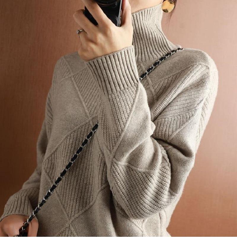 

Autumn and winter loose outer wear plaid turtleneck knitted sweater versatile casual high-end temperament base turtleneck sweater women s 411-227 (average size) хакі