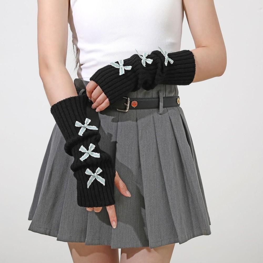 Thicken Bow Fingerless Gloves Cute Bowknot Hands Free Gloves Fashion Arm Sleeves  Winter