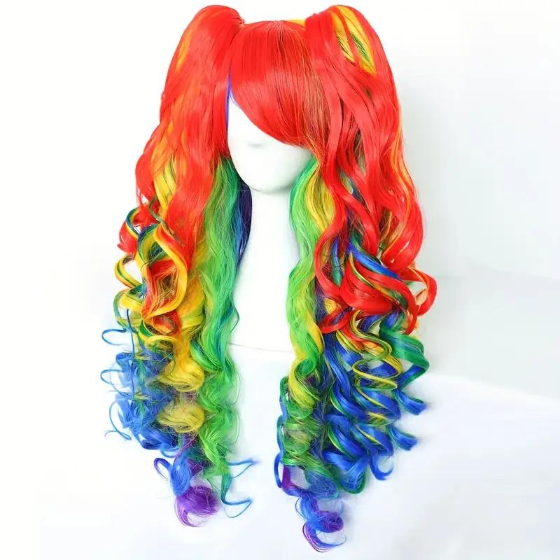 Rainbow Wig Long Curly Synthetic Wig with Bangs for Women Colorful Wigs Wavy Rainbow Multi Colorful Wigs with Hairnet