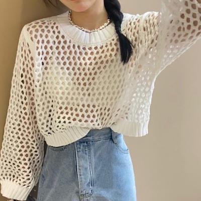 Spring and Summer Long Sleeve Hollow Knitted Sweater Women's Solid Color Inner Suspender Pullover Crew Neck Top Short Grid Design