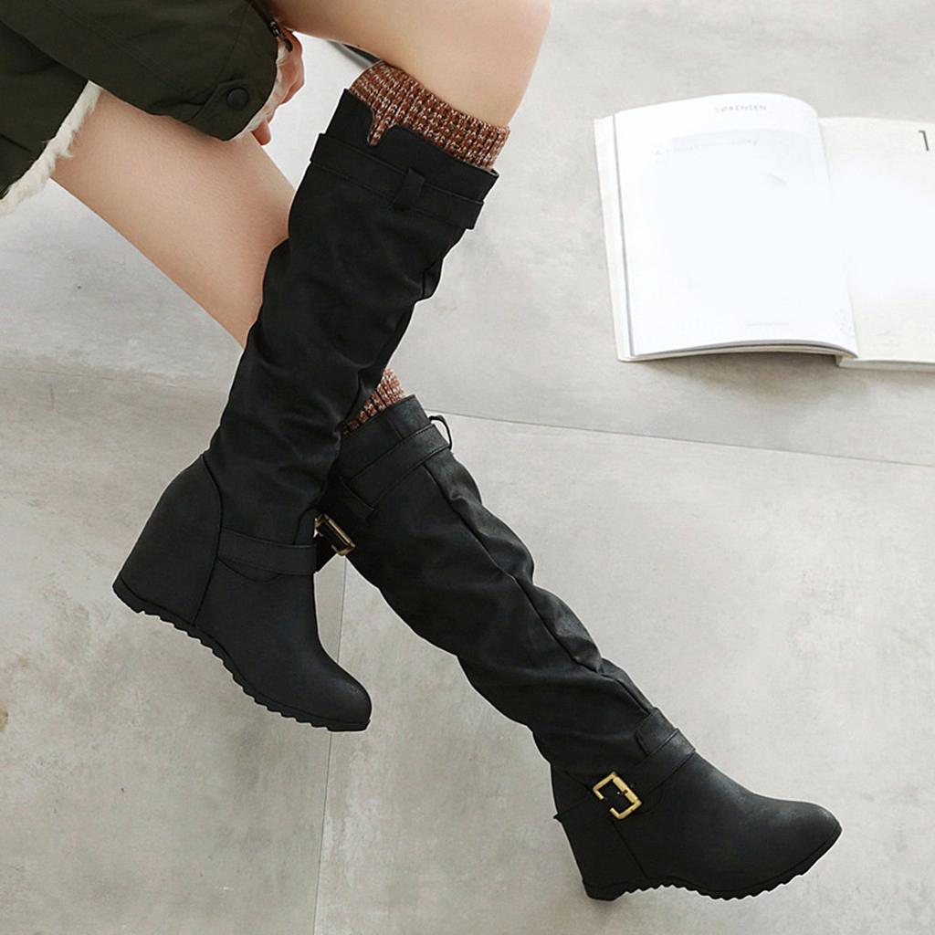 Women's Slip-On Wedges Knee Bare Boots Square Heel Casual Middle Booties