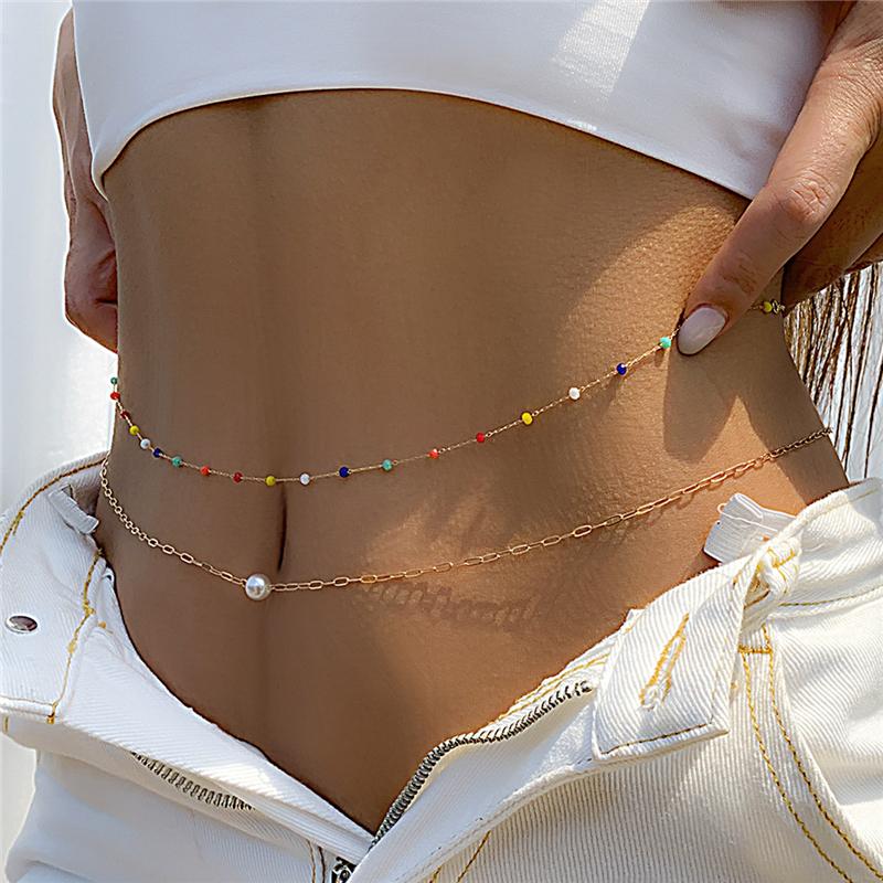 Bohemian Colorful Crystal Sexy Double Layered Fashion Body Chain European and American Fine Chain Pearl Spicy Girl Waist Chain Fashion Body Chain