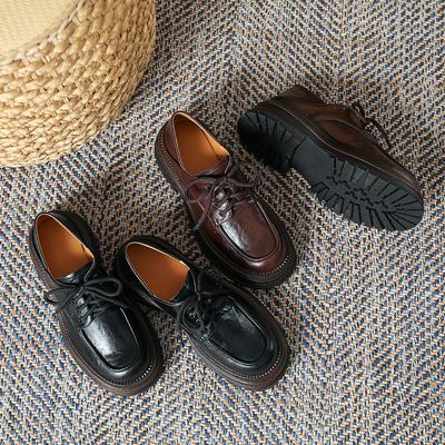Retro British Style Lace-up Small Leather Shoes Women's 2025 Spring New Round Head Single Shoes Exquisite Girls Thick Heel Loafers