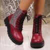 Shoes for Women 36-43 Autumn Winter Women Lace Up Round Toe Plus Size Sequin Platform Wedges Ankle Boots Casual Snow Boots