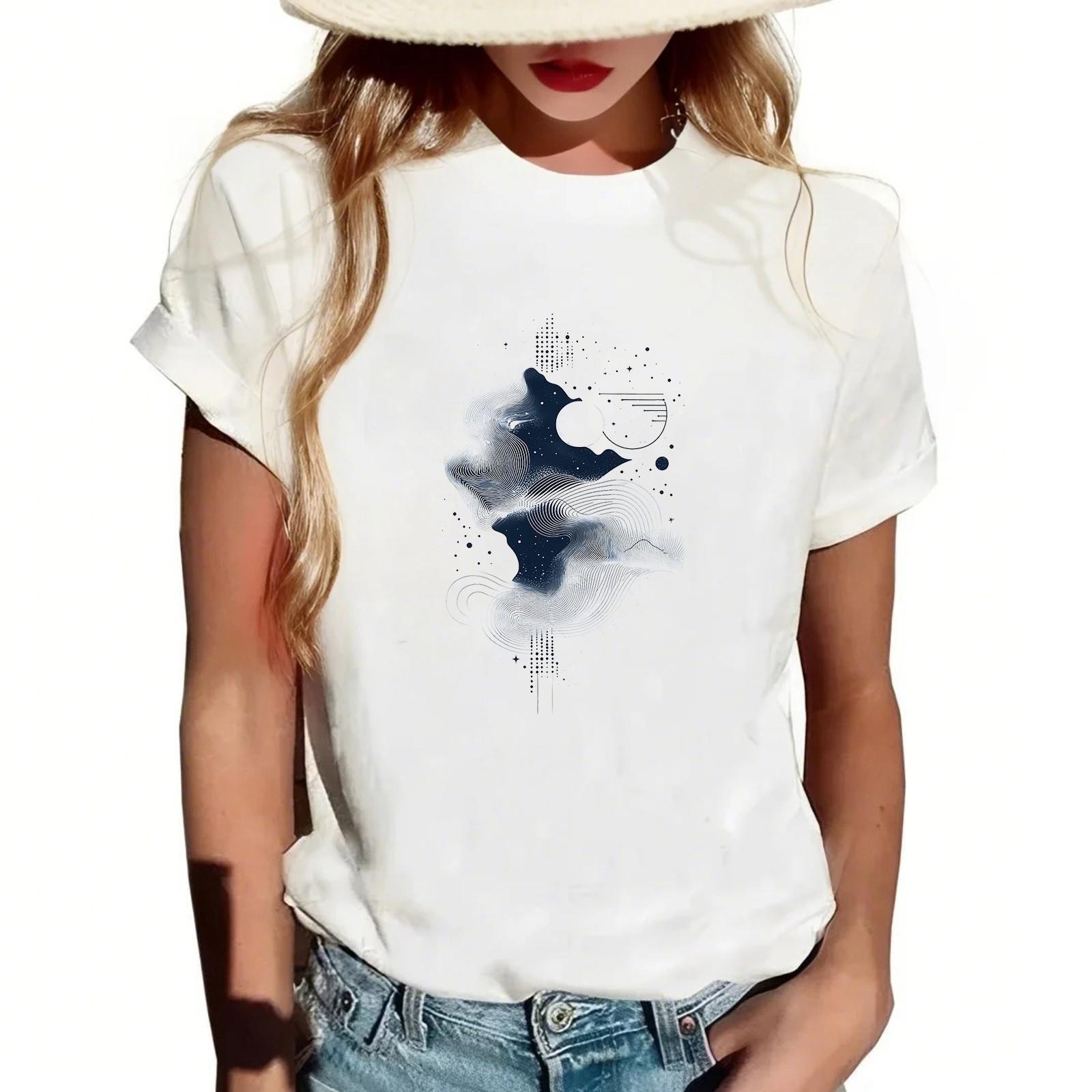 

Женская повседневная футболка с круглым вырезом и короткими рукавами с принтом XL тёмно-синий