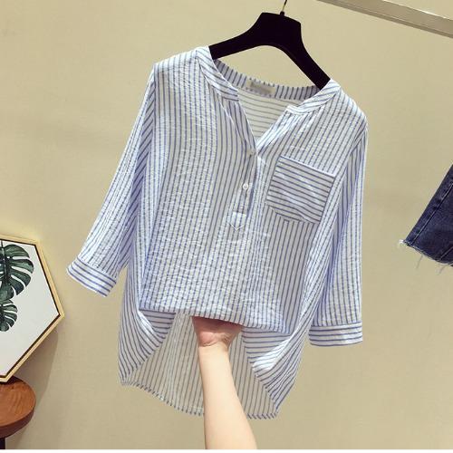

Полосатая рубашка, женская свободная блузка с V-образным вырезом, рукав семь минут, вертикальная полосатая шифоновая рубашка, винтажная базовая офисная повседневная женская рубашка 3XL