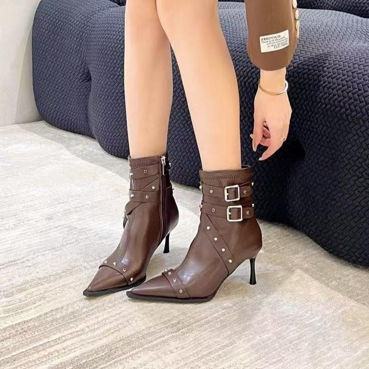 Rivet belt buckle pointed high-heeled short boots women's 2025 autumn new fashionable versatile soft leather single boots