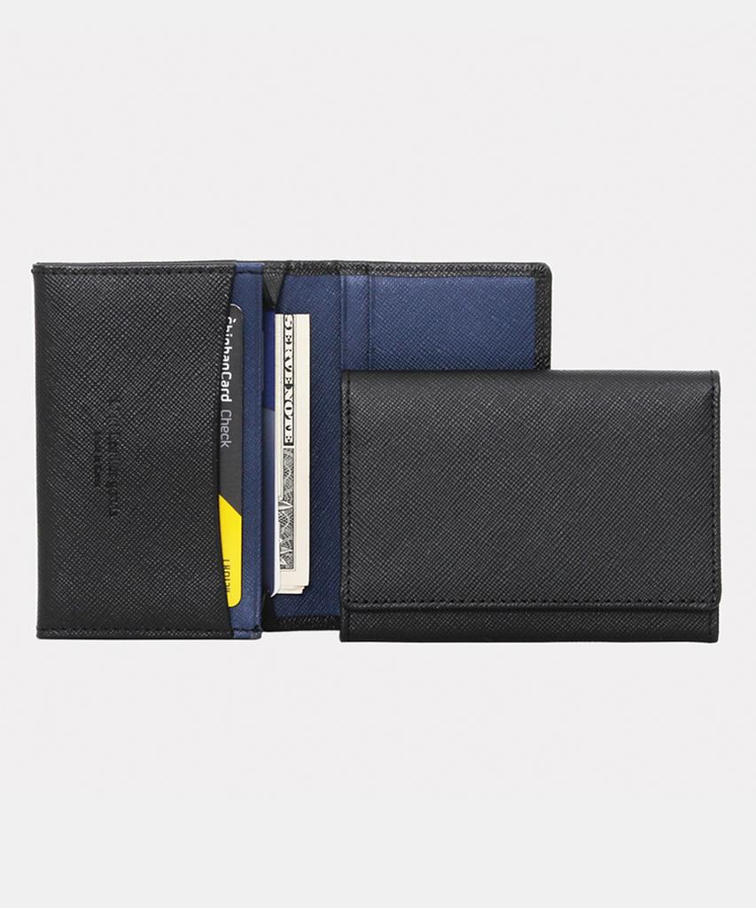 Matt Saffiano Cowhide Slim Business Card Holder Black + Steel Blue