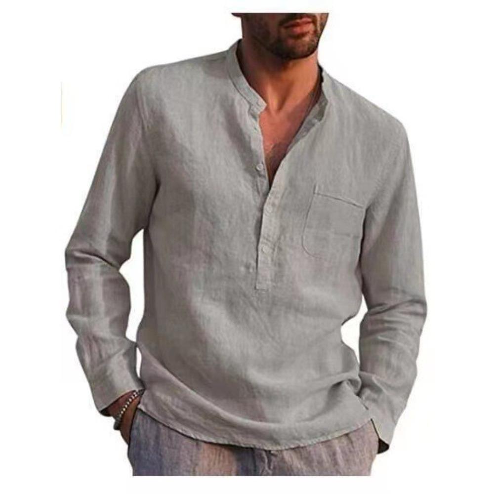 Heren Casual Strandlinnen Shirt met Lange Mouwen en V-hals
