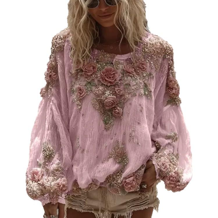 Nové Retro Bohémské Dámské Tričko s Kulatým Výstřihem 3D Tisk