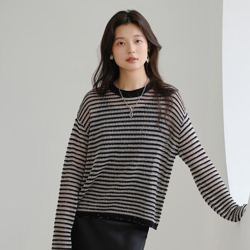 Sinoford Women's Crew Neck Loose Thin Long Sleeve Knitted Sweater