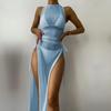 Maillot de bain femme fendu trois points cordon de serrage couleur unie maille trois pièces maille Bikini ensembles