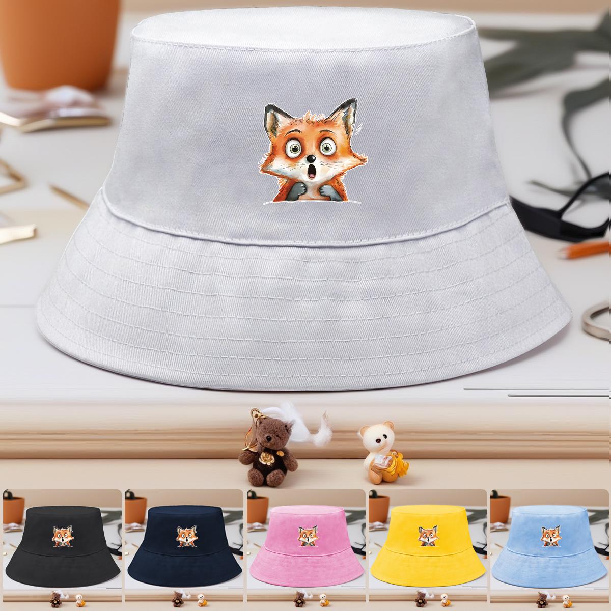 

Bucket Hat With Cute Fox Print , Animal Fisherman Hat Spring Polyester Wide Brim Beach Cap as the picture синій