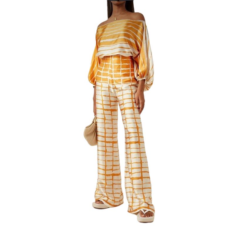 D9713 Women's Casual Satin Print One-Shoulder Top & Long Pants Two-Piece Set