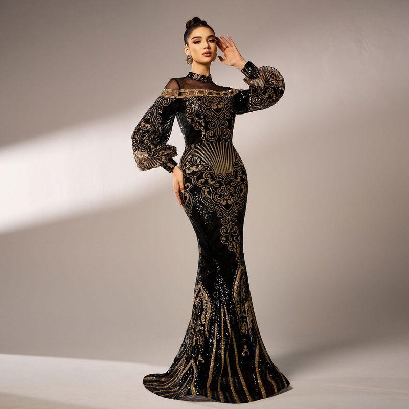 Cross-Border European and American Style Dress, New Long Sequined Banquet High-End Fishtail Evening Dress, Birthday Dress, Women s Long Dress Black S