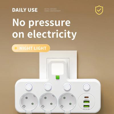EU Standard Multi Outlet Power Strip with USB Ports & Individual Switches Universal Travel Extension Cord for Home Office Use