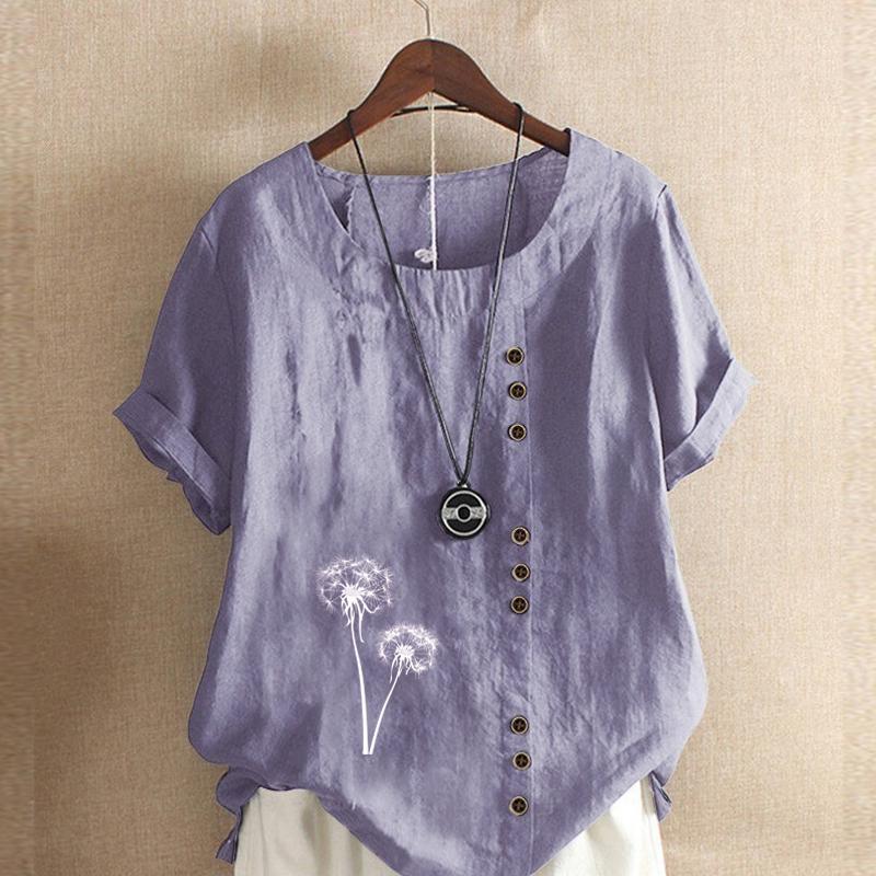 

Женская модная белая футболка с коротким рукавом с принтом одуванчика, свободная хлопковая рубашка, повседневная свободная летняя блузка, топы больших размеров XXL темно-фиолетового