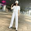 Summer clothing large size sportswear foreign style new women's pure cotton short-sleeved loose top thin straight pants two-piece set