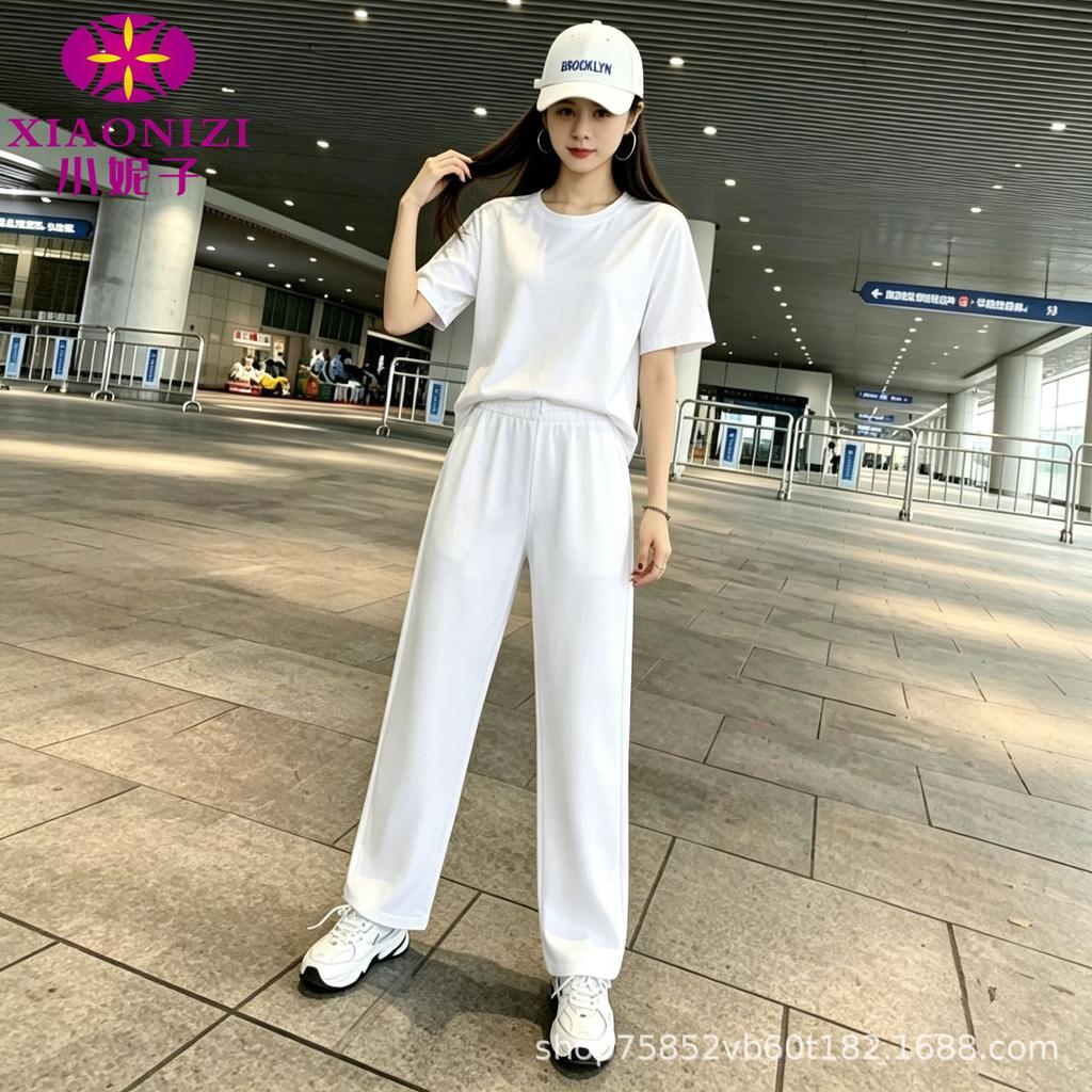 Summer clothing large size sportswear foreign style new women's pure cotton short-sleeved loose top thin straight pants two-piece set
