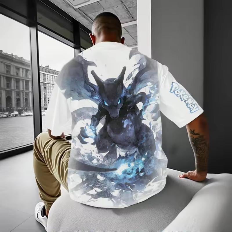 Klassisches Anime Pokemon Glurak Blau Herren Drachenprint Unisex Übergroßes Kurzarm-T-Shirt Streetwear Tops Herren