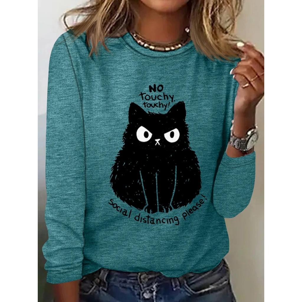 Rundhals 3D-bedrucktes Katzenmuster Top Modische Lässige Langarm Damen T-Shirts