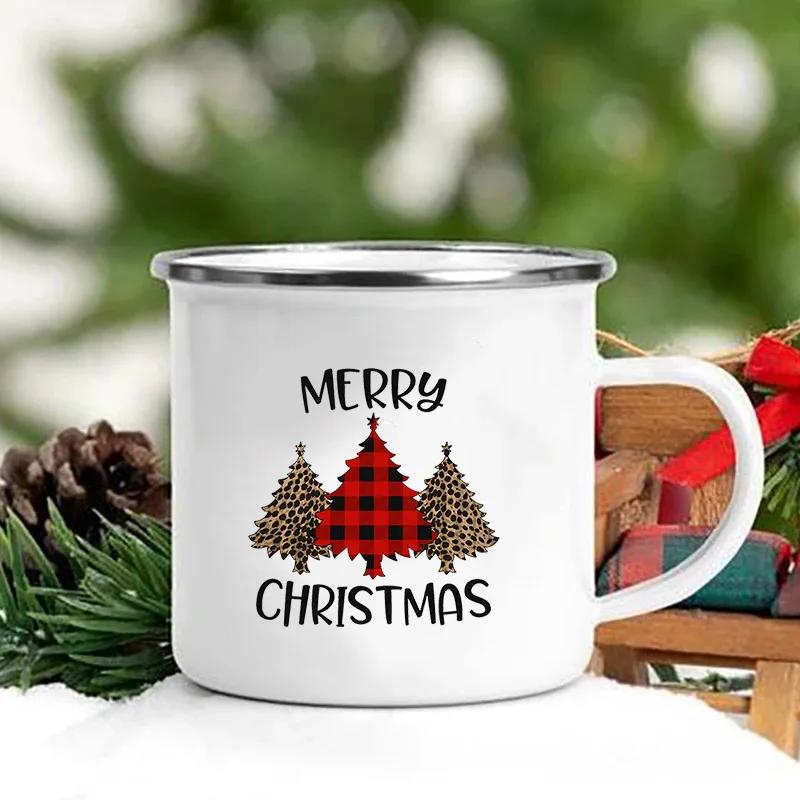 Merry Christmas Print Creative Enamel Coffee Tea Wine Drink Mug Dessert Hot Cocoa Milk Cup Cake Mugs Handle Drinkware Xmas Gifts