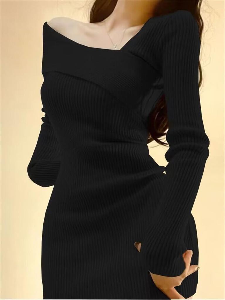 Knit Sexy Mini Dress with Long Casual Ribbed Winter [SDSXZWG] Women's Dress, Neckline, Sleeves, Off-the-Shoulder, Sweater, Knit, Elegant, Spring,