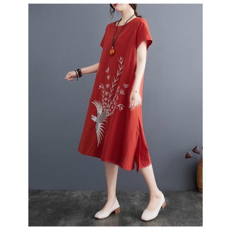 Embroidered A-line Short Sleeve Retro Dress - 2026 Summer Plus Size Loose Fit