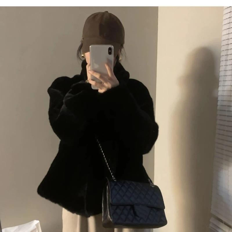 

Women s Short Faux Fur Coat Stand Collar Loose Warm Casual Winter Outerwear S чорний