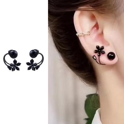 Boucles d'oreilles pendantes fleur perle zircon noir vintage pour femmes Boucles d'oreilles de personnalité élégantes coréennes Bijoux de fête de mariage Cadeau Mujer