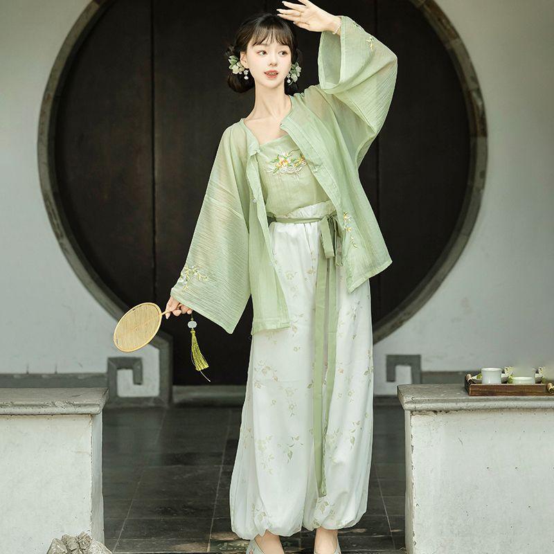 Cămașă cu gât rotund și pantaloni bufant hanfu în stilul dinastiei Song chineze pentru femei, costum de zi cu zi de primăvară și vară