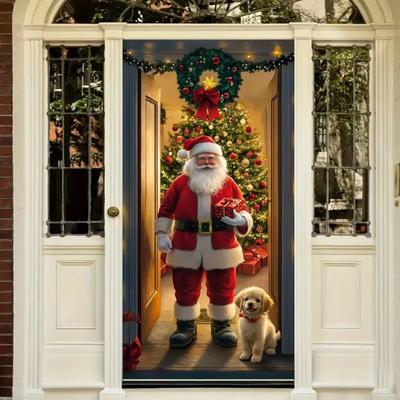 Thème Animaux Couverture de Porte de Noël Chien Chat 35,4x70,8" Tissu Suspendu de Noël Fond Suspendu Polyvalent Décoration du Nouvel An