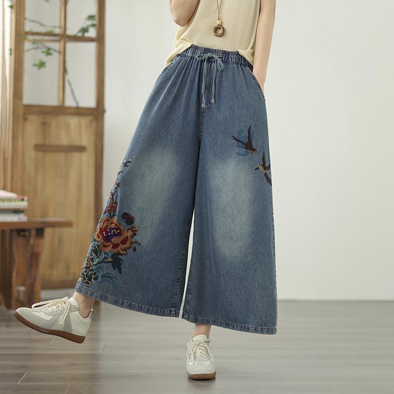 DIMANAF 2026 Summer New Plus Size Women Jeans Embroidery Floral Elastic Waist Long Pants Loose Casual Denim Cotton Trousers Pants