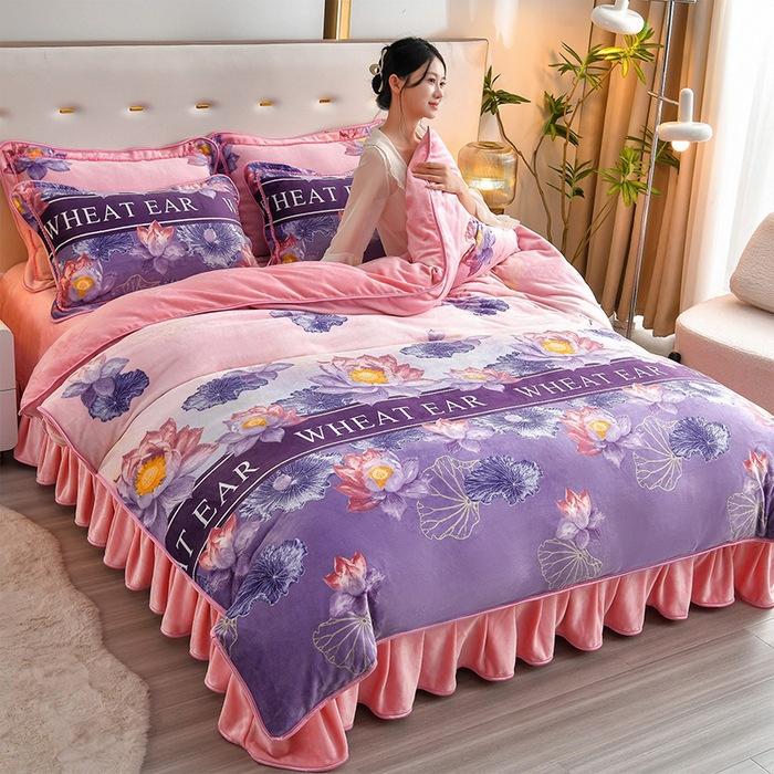 Light luxury high-end thickened milk fleece four-piece set, winter warm quilt cover, double-sided coral fleece anti-static three-piece set