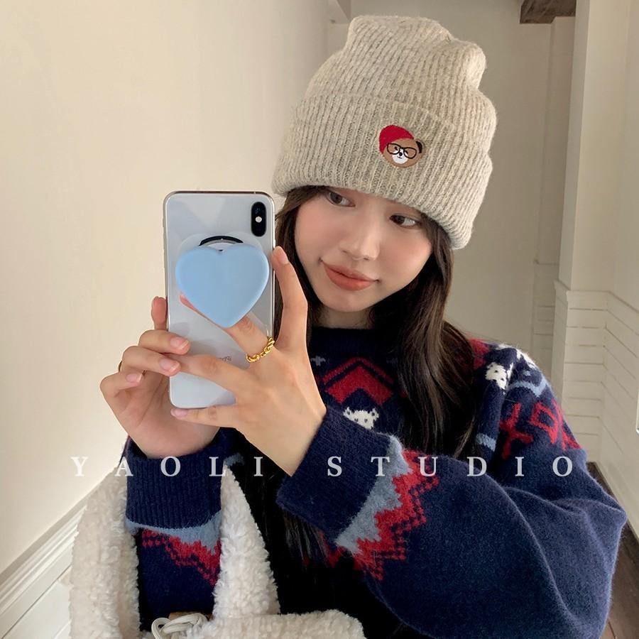 Autumn and Winter Thickened Warm Glasses Puppy Embroidered Knitted Woolen Hat for Women Korean Style Cold Proof Face Showing Small Pullover Hat