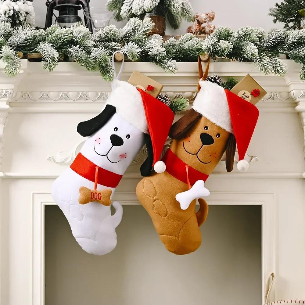 Dog Bone Shape Christmas Stockings Christmas Gift Bag Tree Fireplace Decoration Socks New Year Candy Gifts For Kids Pet